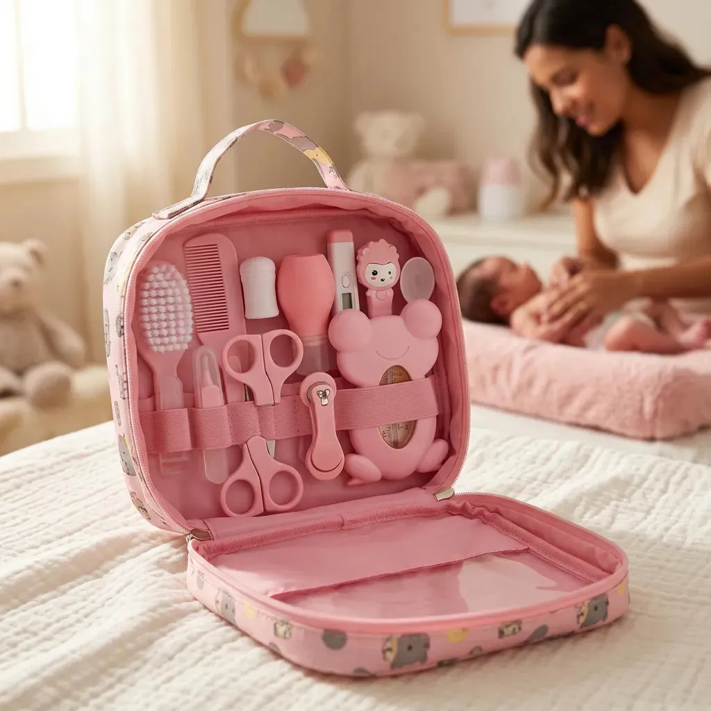 Kit Cuidados E Higiene Bebê Recém Nascido 13 Peças Rosa Bolsa Maternidade Termômetro Digital Escova Pente Cortador Unha Aspirador Nasal Enxoval Acessórios Presente Segurança Louis 