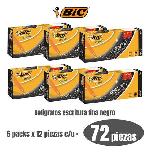 Bic Cristal Punto Fino Negro 6 Packs 72 Bolígrafos Exterior Amarillo