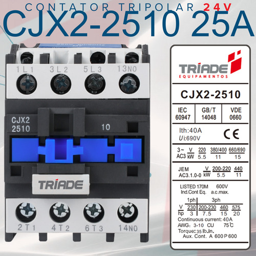 Contator Tripolar 25a Cjx2-2510 24v 50/60 Hz