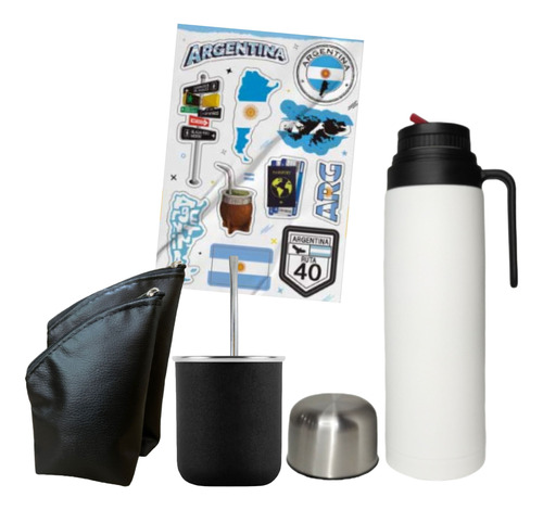 Equipo Set Matero Termo Blanco 1l Mate Bolsas Stickers 