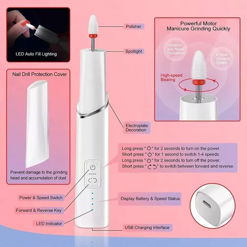 Fresas Torno Esmeril De Uñas Recargable Usb Portatil Fresas