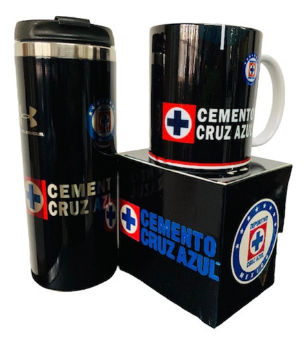 Paquete Taza Y Termo Cruz Azul Color Negro