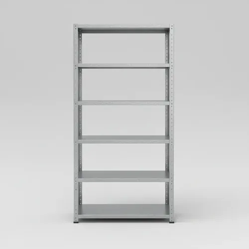 Estante de aço preta vazia com cinco prateleiras, vista frontal.