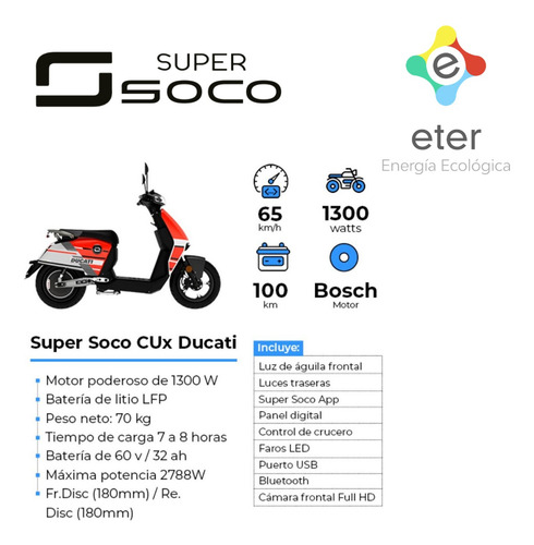 Moto Eléctrica Super Soco Cux Estilo Vespa Pilar Motor Bosch