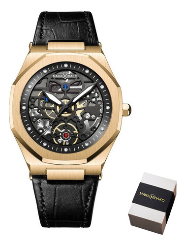 Reloj de pulsera Makambako MK-5016 de cuerpo color negro, analógico, para hombre, con correa de leather/stainless steel color leather golden black y mariposa