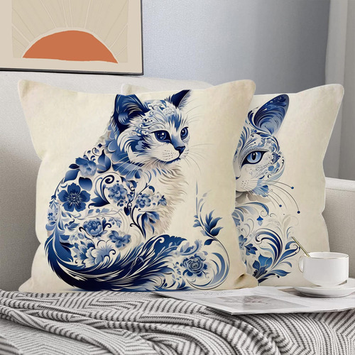 4 Juegos De Fundas De Cojín, Estampado De Gato Azul