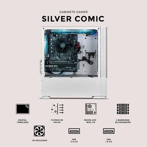 Gabinete Gamer Xtreme Pc Gaming Silver Comic Edition Mini Torre Micro Atx 3 Fan Argb Mesh Cristal Templado
