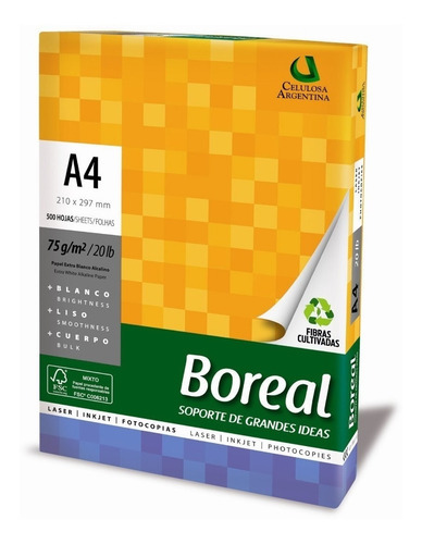 Resma Boreal A4 multifunción de 500 hojas de 75g color blanco por unidad
