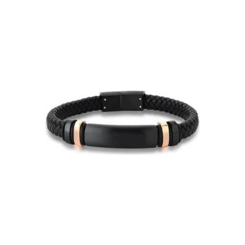 Pulseira Masculina Courino Trançado E Placa Negra Em Aço