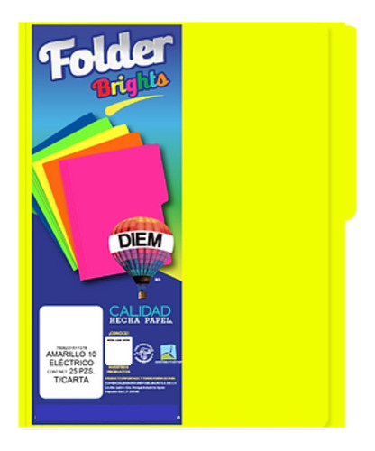 Folder Tamaño Carta Colores Brillantes 25 Pzas Color Amarillo Eléctrico Neón