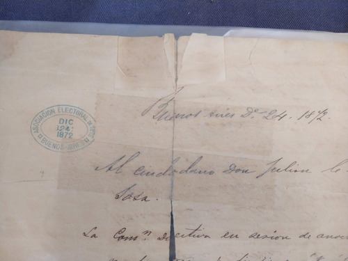 Antigua Carta Manuscrita Asociacion Electoral 1872 #7