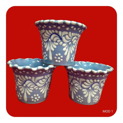 3 Macetas Talavera Poblana Barroca Azul Lavanda 11x9 Cm Mct