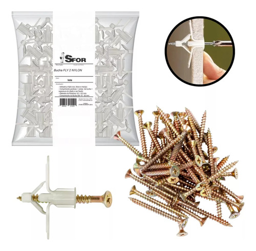 200pcs Bucha Aba Fly 6mm C/ Anel Drywall Gesso + Parafusos
