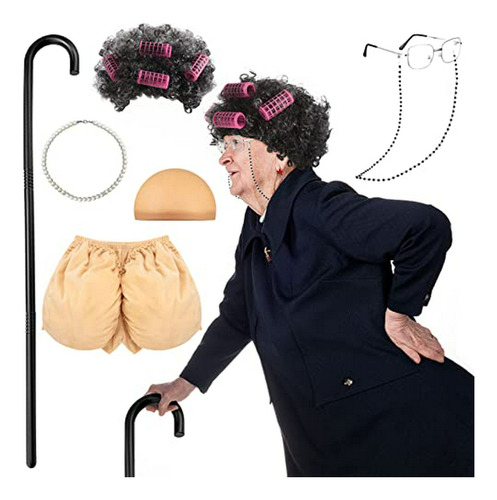 Conjunto De Disfraz De Anciana, Peluca, Bastón Plegable Y Gafas Para Mujer