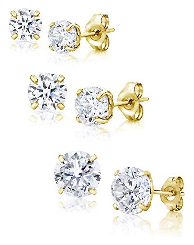 Pendientes 14k Oro 3mm, 4mm, 5mm Cz 3 Pares - Blanco