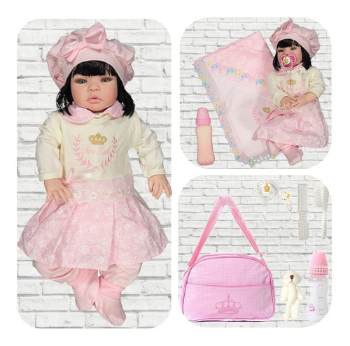 Boneca Bebe Ellen Rosa De Menina Com Roupa De Luxo Morena