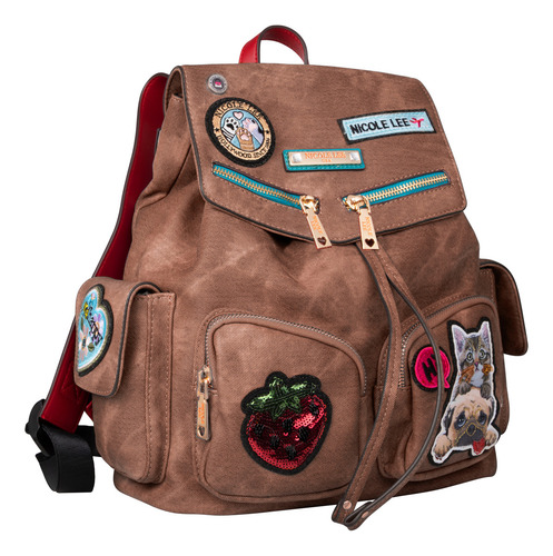 Mochila Nicole Lee De Mezclilla Con Parches Bordados Fw24 Color Café Desert