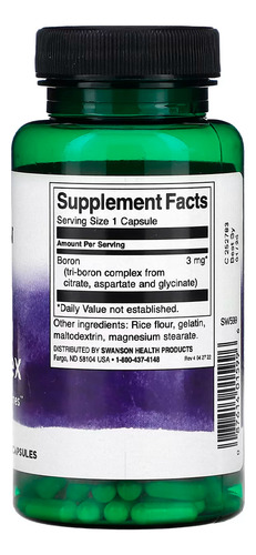 Complexo Triplo De Boro 3mg Swanson 250 Caps +porta Cápsulas