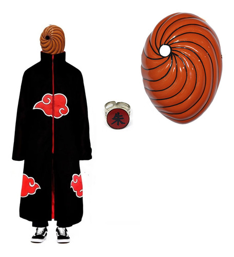 Kit Capa Akatsuki + Máscara Tobi + Anel Naruto Cosplay Manto