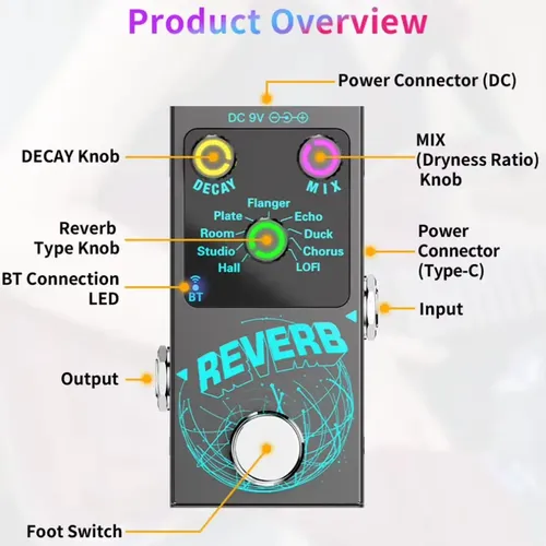 Pedal Rohs Digital Reverb Guitarra Voz 9 Modos Usb Bluetooth Preto