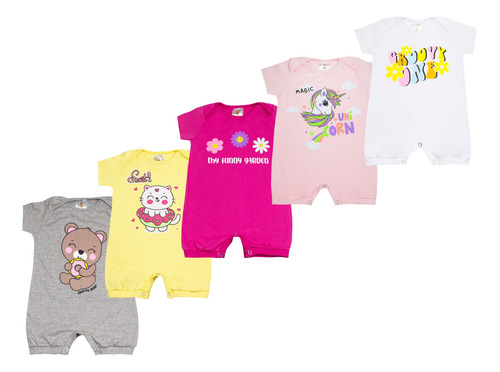 Kit 5 Macaquinho Infantil Menina Bebê Estampado Cor Sortidas