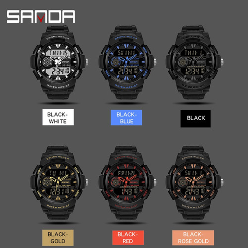 Relógio Sanda 6002, cor de fundo de cronógrafo LED digital resistente à água, preto/dourado
