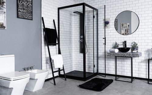 Mampara Gorena Box De Ducha Atenas Cabina Recto C/base Armazón Negro Panel Traslucido 90 X 90 Cm
