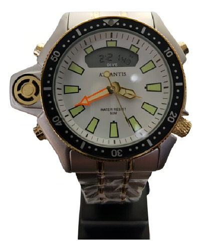 Relógio De Pulso Atlantis Atlantis Aqualand Com Corpo Prata, Para Masculino, Fundo Prata E Laranja, Com Correia De Aço Inoxidável Cor E Pulseira