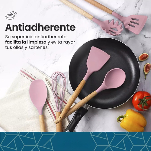 Set Utensilios De Cocina Punta Silicona Mango Madera Kit X12 Negro