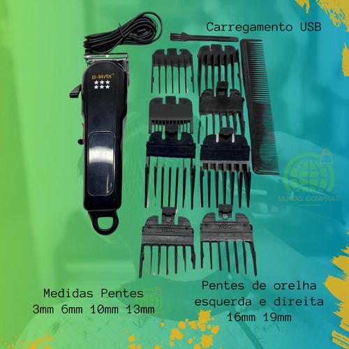 Bm-c028: Máquina Cortar Cabelo Com Lâminas De Aço E 6 Pentes