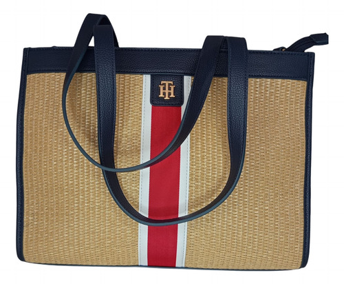 Bolsa Tommy Tipo Tote Color Cafe Con Azul