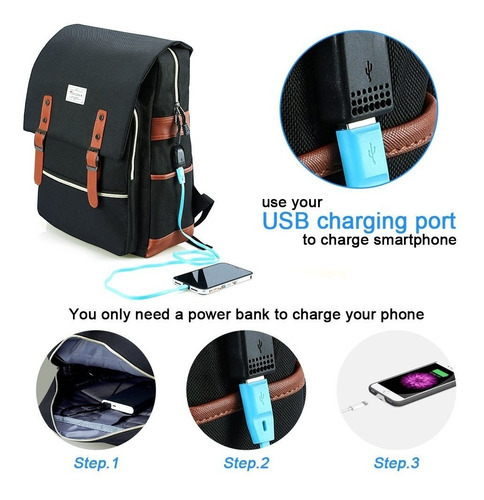 Imagen 4 de 5 de Modoke Mochila P/ Laptop Estilo Vintage Puerto Usb Carga Ngr Color Negro