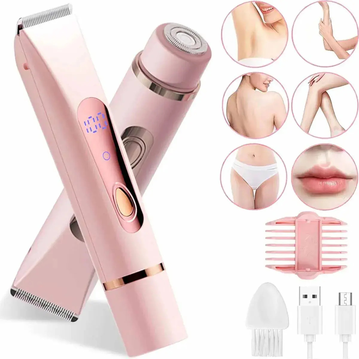 Depiladora Corporal Eléctrica Recargable USB para Mujer, Afeitadora Portátil 2 en 1 con 2 Cabezales y Cuchillas de Acero, Rosa