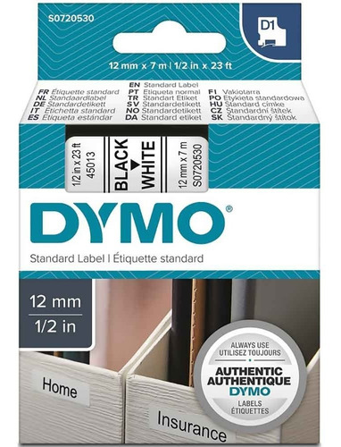 Fita D1 Poliéster Dymo 12mm -  Preto Sobre Branco (45013)