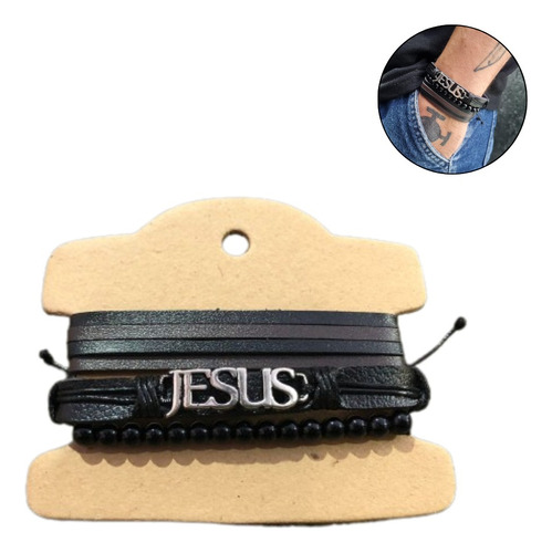 Pulseira Masculina Jesus Couro Preto Tiras Bolinha Kit Com 3 Comprimento 19 Diâmetro 4