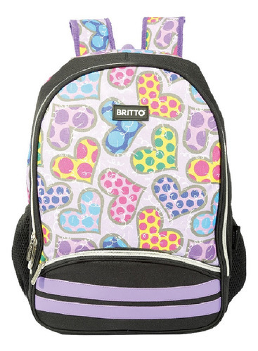 Mochila Juvenil Coraçãoes Romero Britto Lilás Com Bolso