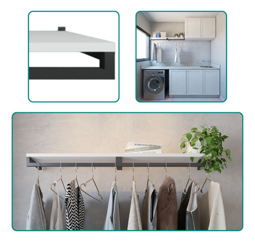 Cabideiro Industrial Lavanderia Aéreo Roupas Prateleira Mdf Cor Preto/branco