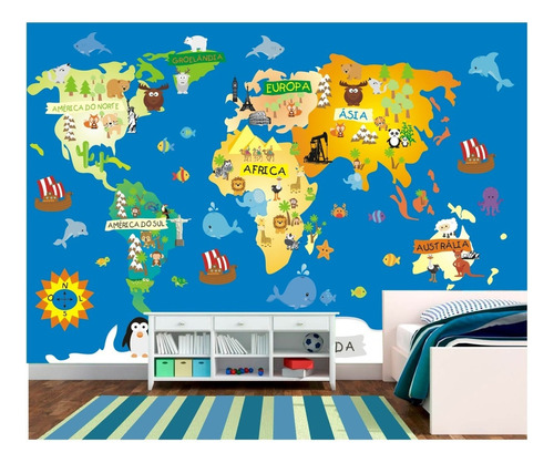 Adesivo Infantil Papel Parede Mapa Mundi Zoo Gigante 6m² M02