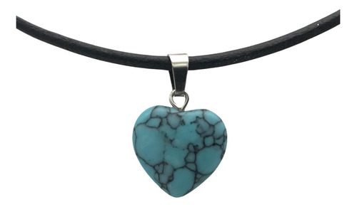 Dije Corazón Chico Cuarzo, Piedra Natural + Collar Cuero Color Azul Acero