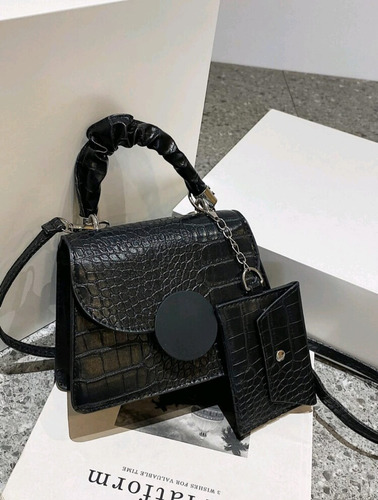 Cartera Mini Bag Croco Mujer Importada Con Monedero Negro Croco Plateado