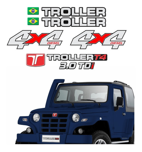 Kit Adesivos Emblema Troller T4 4x4 Diesel 3.0 Tdi 2011 Completo Carro Azul Trl09