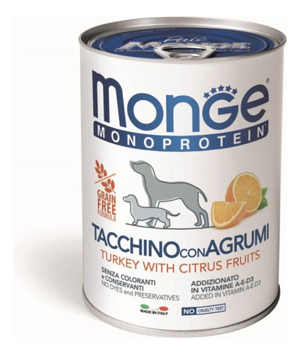 Alimento Monge Premium Perro Lata Paté Pavo Cítricos 400gr