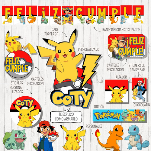 Kit Imprimible Personalizado Pokemon + Caketopper 3d + Candy