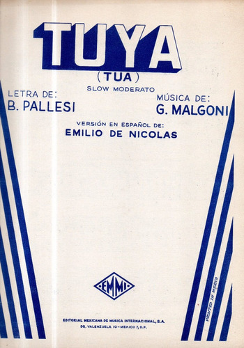 Tuya  B. Pallesi G. Malgoni Emilio Nicolas Partitura