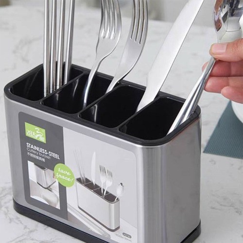 Dabeh Soporte De Utensilios De Cocina, Organizador De Encimera De Acero Inoxidable Con 4 Compartimentos, Ideal Para Escurrir Y Secar Cubiertos, Resistente Al Óxido (plateado)