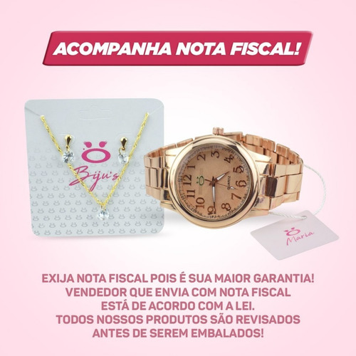 Relógio Feminino Aço Maria Analógico + Colar Rma11