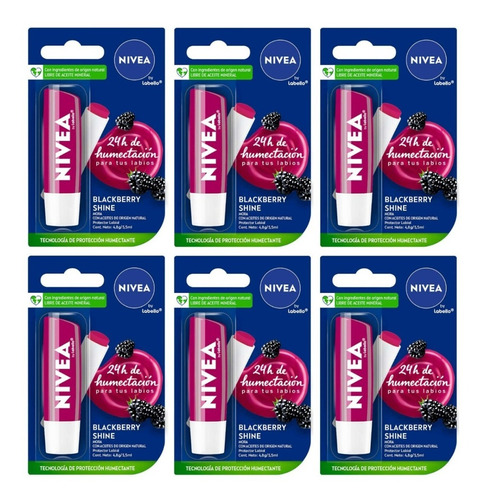 6 Protectores Labial Nivea By Labello Blackberry Shine Mora 