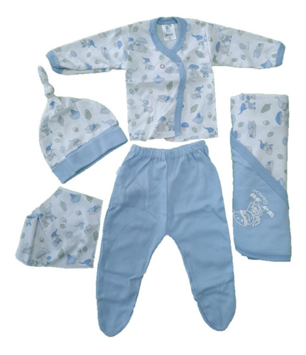 Imagen 2 de 4 de Ajuar Set 5 Piezas Bata Pantalon Gorrito Babero Manta Gamisé