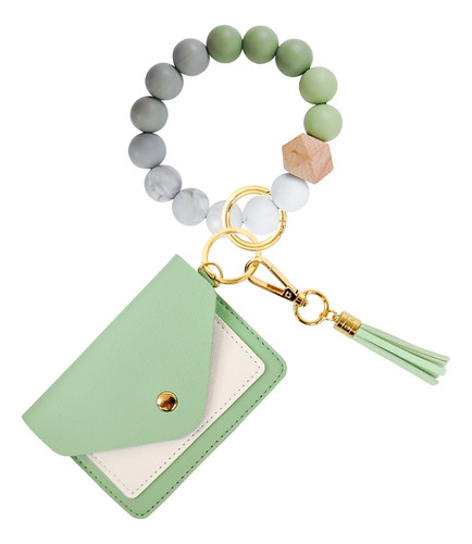 Llavero de Billetera con Cuentas de Silicona, Todo en Uno Llavero de Cuentas de Silicona con Billetera de Tarjeta & Llavero de Silicona con Borla para Uso Diario por Mujer/Niñas (Verde Claro)