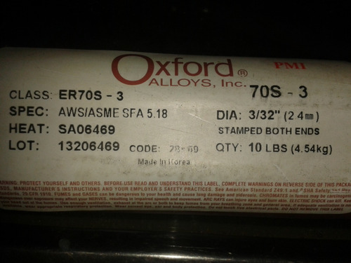 Varillas De Aporte Para Soldar Marca Oxford 2.4 Mm Er70s-3